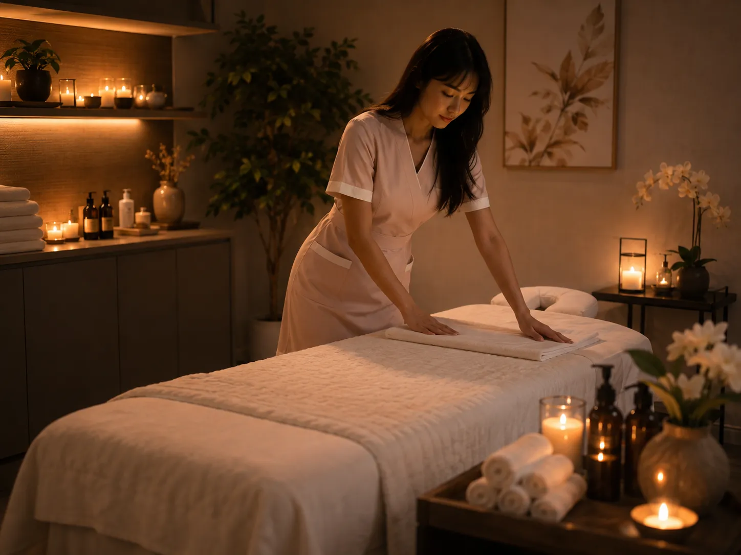 Warm massage room ready for a session